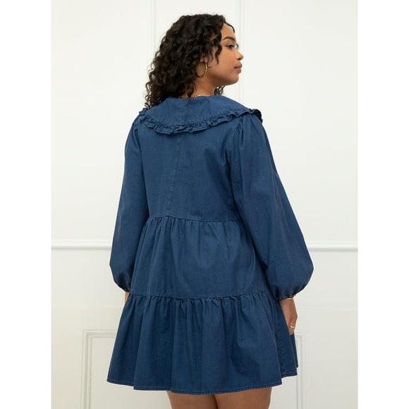 ELOQUII Medium Wash Denim Tiered Dress with Collar - Picture 4 of 5